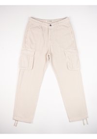 Béžové kordové cargo kalhoty s dvěma velkými postranními kapsami, zapínáním na knoflík a zúženým střihem nohavic. Texturovaný vertikální žebrovaný vzor.