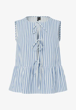 Mouwloze blauw-witte blouse met verticale strepen, een ronde hals, striksluitingen aan de voorkant en een peplum zoom.