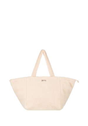 Beżowa torba na ramię wykonana z miękkiego, puszystego materiału, z dwiema górnymi rączkami, zamkiem błyskawicznym i ustrukturyzowanym, trójkątnym kształtem.