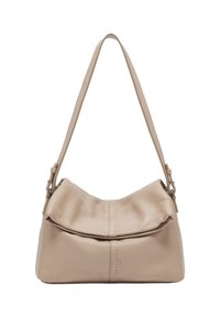 Beige Leder-Schultertasche mit einem lässigen Design, zwei verstellbaren Trägern und einem dezenten geprägten Logo auf der Front. Glatte Textur.