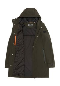 Chaqueta resistente al agua de color verde oliva con capucha, bolsillos con cremallera, botones a presión y un forro interior suave. El diseño frontal es minimalista.