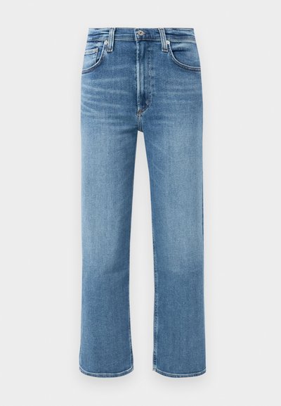 Mid-blue, straight-leg denim jeans with high waist, front button, and five-pocket styling on a plain background.