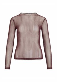 Haut en maille bordeaux à manches longues avec des rayures verticales et de subtils éclats, présentant un col haut et une silhouette ajustée.