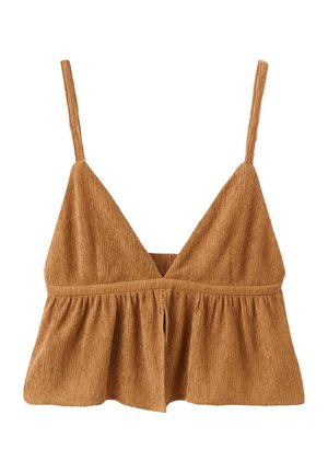 Top court marron texturé sans manches avec fines bretelles et détail froncé à la taille, présentant un décolleté en V prononcé.