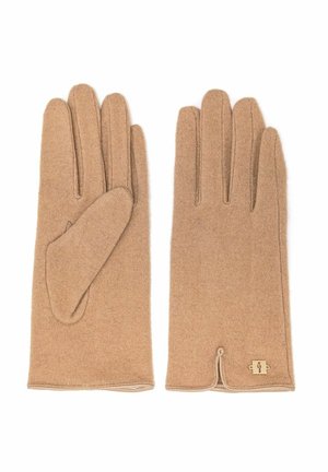 Rękawiczki wełniane w miękkim beżowym kolorze, charakteryzujące się klasycznym wzorem z fakturowanym wykończeniem oraz małym logo przy nadgarstku.