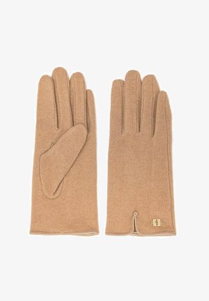 Rękawiczki wełniane w miękkim beżowym kolorze, charakteryzujące się klasycznym wzorem z fakturowanym wykończeniem oraz małym logo przy nadgarstku.