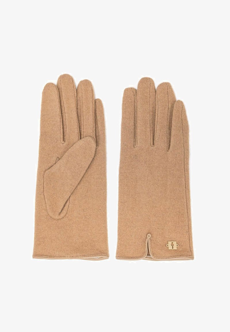 Rękawiczki wełniane w miękkim beżowym kolorze, charakteryzujące się klasycznym wzorem z fakturowanym wykończeniem oraz małym logo przy nadgarstku.