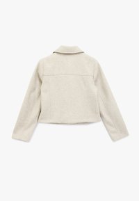 Giacca accorciata grigia chiara realizzata in un materiale morbido e testurizzato; presenta un colletto e maniche lunghe, con cuciture visibili sul retro.