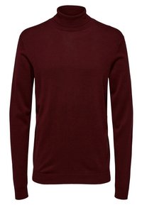 Bordeauxroter Rollkragenpullover aus glattem Strickstoff, mit langen Ärmeln und figurbetonter Silhouette. Schlichtes Design, ohne zusätzliche Muster.