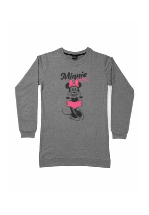 Felpa grigia a maniche lunghe con una grafica nera e rosa di un personaggio, con dettagli rosa sul fiocco e sulla gonna. Texture del tessuto morbida.