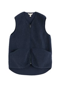 Tumesinise värvusega fliisvest ees lukuga, kahes suures taskus ja ümarate äärega. Omadusteks on pehme, tekstuuriga materjal ja varrukateta disain.