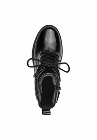 Black leather ankle boot with a polished finish, round toe, lace-up design, and padded collar for comfort. Features a pull tab at the heel.