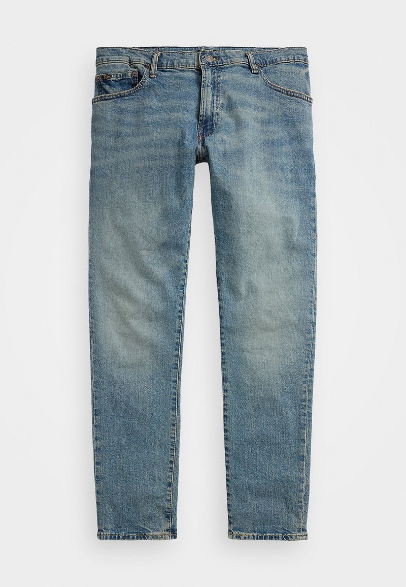Helle blaue Jeans mit geradem Schnitt, ausgestattet mit fünf Taschen, einem Knopf- und Reißverschluss und sichtbaren Verfärbungen an den Oberschenkeln.
