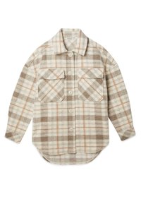 Beige rutigt flanellskjorta med bruna och persikofärgade ränder, knappstängning, två bröstfickor och rundad fåll. Mjuk textur, långa ärmar.