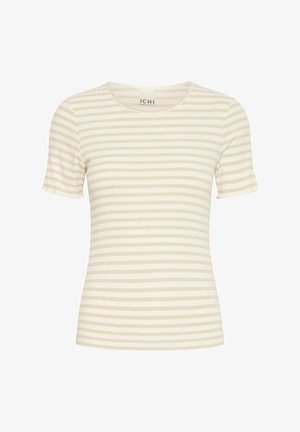 Kurzärmliges T-Shirt mit Rundhalsausschnitt, aus einem strukturierten Stoff, mit abwechselnd hellen und dunklen beigen Streifen.