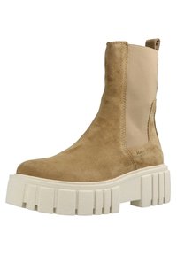 Béžová semišová kotníková bota s elastickými bočními panely a robustní bílou platformou se vodorovnými drážkami. Jednoduchý a solidní design.