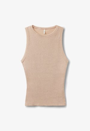 Beige ärmelloses Top aus geripptem Stoff. Hat einen runden Ausschnitt und eine figurbetonte Silhouette mit sichtbaren Nähten entlang der Kanten.