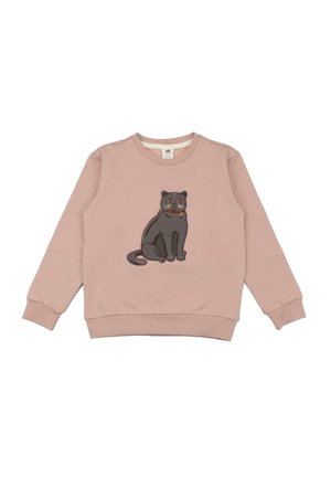 Helles rosa Sweatshirt mit rundem Ausschnitt und langen Ärmeln, mit einem gestickten grauen Katzenmotiv auf der Vorderseite.