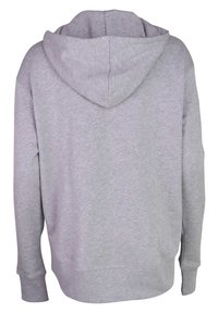 Sudadera de manga larga gris claro con capucha y puños acanalados, vista desde la parte trasera sobre un fondo blanco.