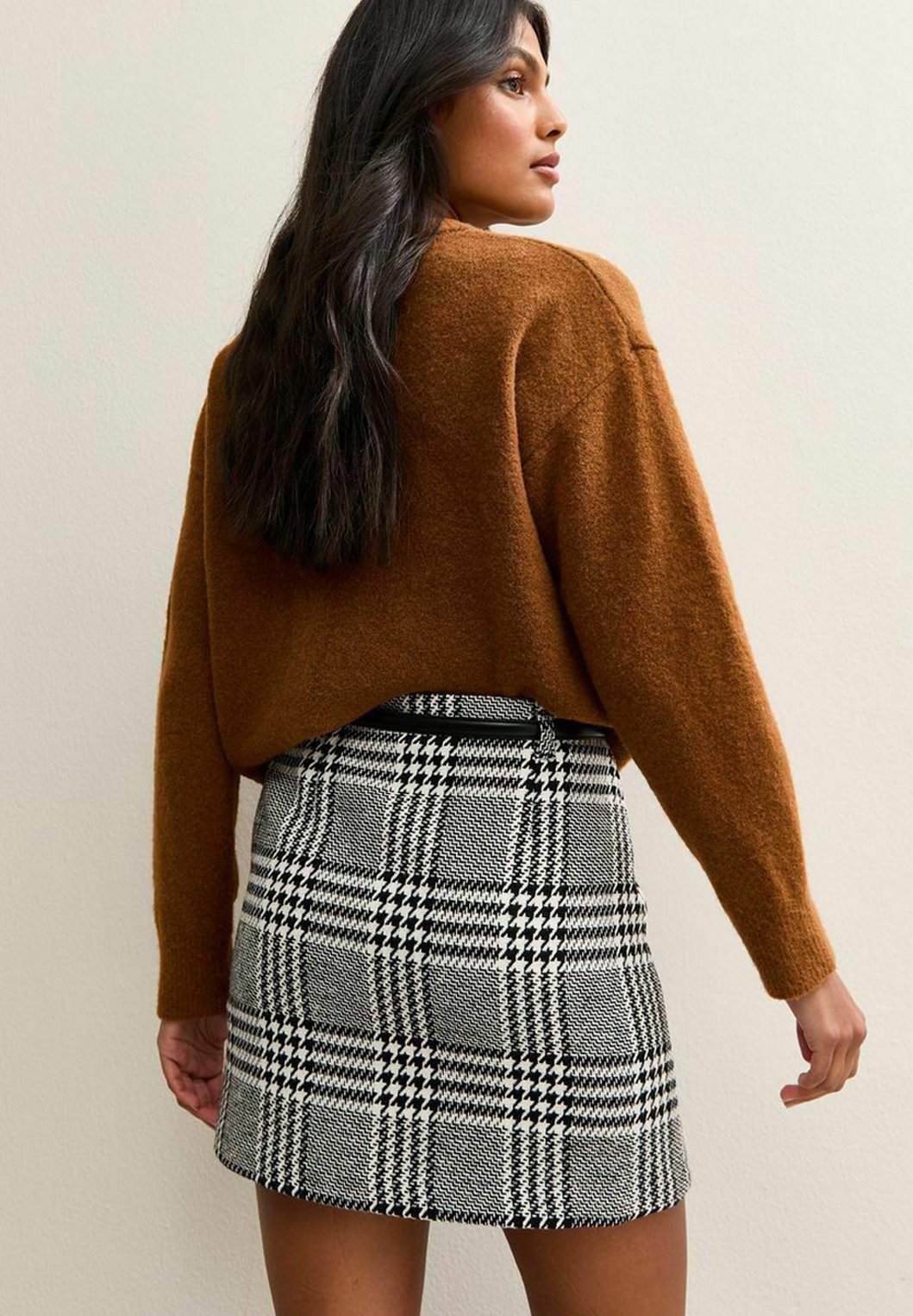 New Look CHECKED BELTED MINI - A-line skirt - black pattern/black