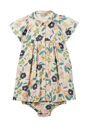 Robe pour bébé à manches courtes avec col et boutons sur le devant, présentant un imprimé floral pastel dans des tons de vert, rose, bleu et orange, accompagnée de culottes assorties.