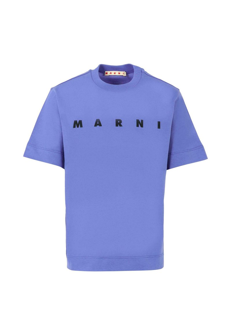 T-shirt à manches courtes en coton violet clair, arborant le mot "MARNI" en lettres noires grasses sur le devant, design minimaliste.