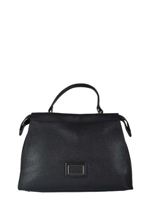 Borsa nera in pelle con texture a grana, forma strutturata, manico superiore e dettaglio rettangolare in metallo sulla parte frontale.