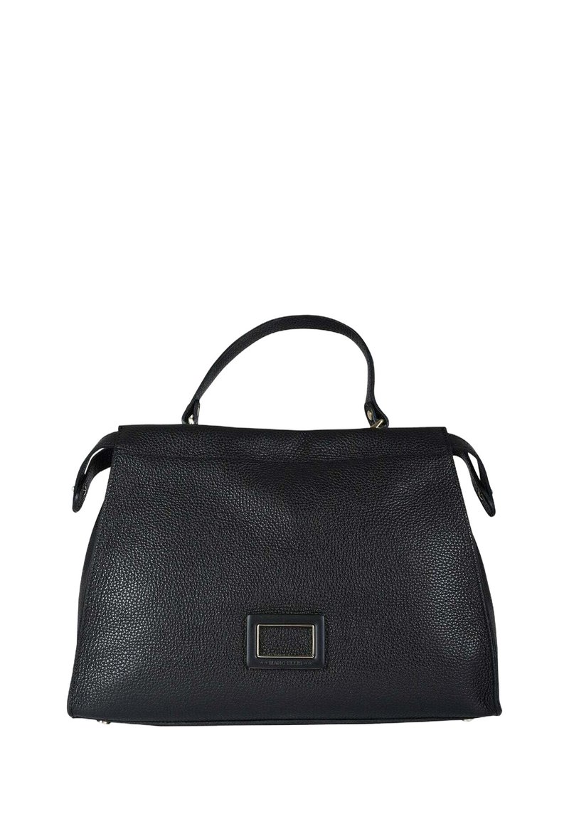 Borsa nera in pelle con texture a grana, forma strutturata, manico superiore e dettaglio rettangolare in metallo sulla parte frontale.