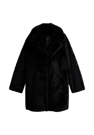 Zwarte nepbontjas met een brede kraag, lange mouwen en zijzakken. Zachte textuur en warm ontwerp, geschikt voor koudere weersomstandigheden.