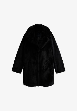 Zwarte nepbontjas met een brede kraag, lange mouwen en zijzakken. Zachte textuur en warm ontwerp, geschikt voor koudere weersomstandigheden.