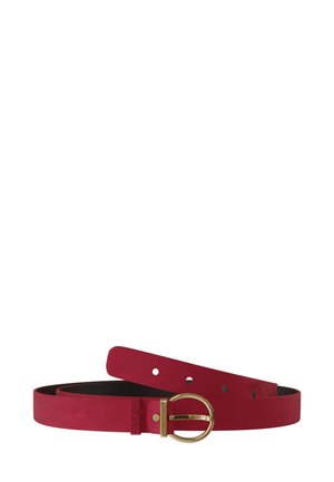 Red leather belt with a gold circular buckle, featuring multiple holes for size adjustment and a smooth texture.