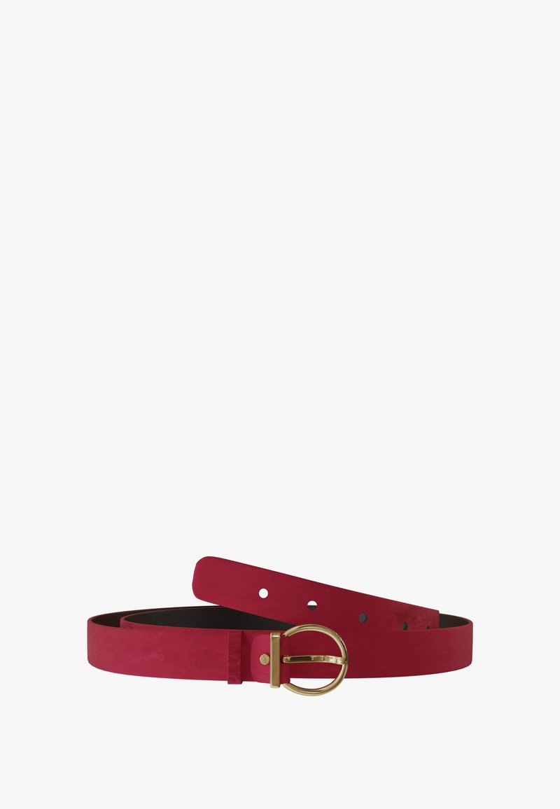 Roter Leder-Gürtel mit einer goldenen runden Schnalle, die mehrere Löcher zur Größenanpassung aufweist und eine glatte Textur hat.