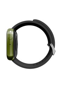 Smartwatch mit rundem Ziffernblatt, dunkelgrünem Gehäuse, schwarzem Armband und silbernen Hardware-Akzenten. Verfügt über einen Knopf und ein Mikrofon an der Seite.