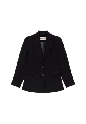 Černý blazer vyrobený z hladké látky, s přizpůsobeným střihom, špičatými klopami, dvěma předními kapsami a dvěma knoflíky pro zapínání.