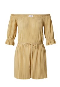 Schulterfreies gelbes Jumpsuit aus plissiertem Stoff, mit kurzen Puffärmeln, einem Kordelzug in der Taille und einer lockeren Passform.