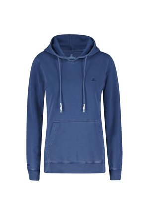 Blauwe hooded sweatshirt met een voorkantzak, verstelbare koordjes en ribgebreide mouwen. De stof heeft een zachte, gestructureerde uitstraling.