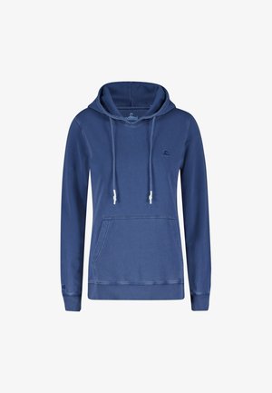 Blauer Kapuzenpullover mit einer Tasche vorne, verstellbaren Kordeln und gerippten Bündchen. Der Stoff hat ein weiches, strukturiertes Aussehen.