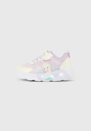 Detská levanduľovo-biela teniska s motívom postavy Elsy a vločiek, so svetielkujúcou podrážkou a zapínaním na suchý zips.