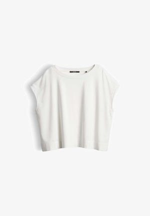 White short-sleeve crop top with a round neckline and a loose fit, displayed on a white background.