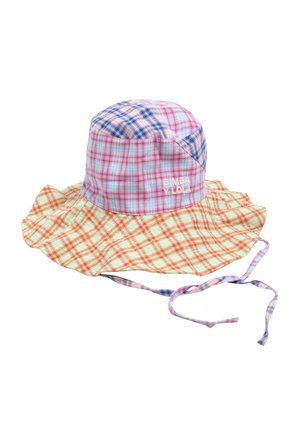 Kapelusz wiadro patchwork z wielokolorowymi wzorami w kratę, szerokim luźnym rondem, paskami pod brodę i haftem "BIMBA Y LOLA" z przodu.