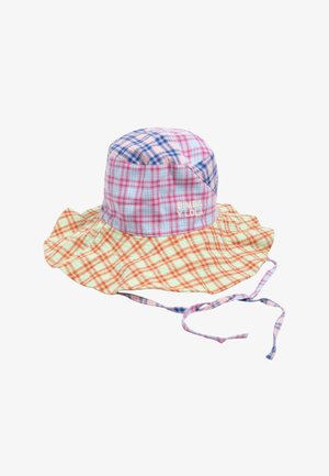 Kapelusz wiadro patchwork z wielokolorowymi wzorami w kratę, szerokim luźnym rondem, paskami pod brodę i haftem "BIMBA Y LOLA" z przodu.