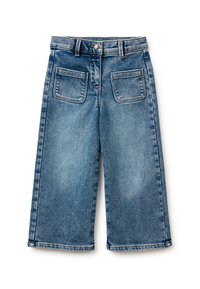 Culotte in denim azzurro chiaro con gambe larghe, chiusura frontale con bottoni e due tasche posteriori. Il tessuto presenta una finitura sbiadita e una sottile trama.