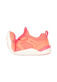 Pink and coral children's shoe with mesh upper, Velcro strap, and white rubber sole. Features a small Norwegian flag accent.