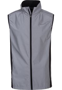 Grauer ärmelloser Weste mit hohem Kragen, Frontreißverschluss und schwarzen seitlichen Akzenten. Hergestellt aus leichtem, glattem Stoff mit minimalen Designdetails.