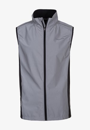 Grauer ärmelloser Weste mit hohem Kragen, Frontreißverschluss und schwarzen seitlichen Akzenten. Hergestellt aus leichtem, glattem Stoff mit minimalen Designdetails.
