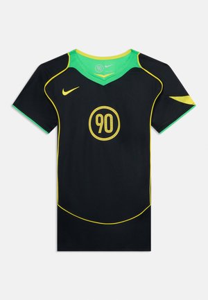 Black athletic shirt with green accents, yellow stitching, and a circular "90" logo on the front. Features a v-neck design.