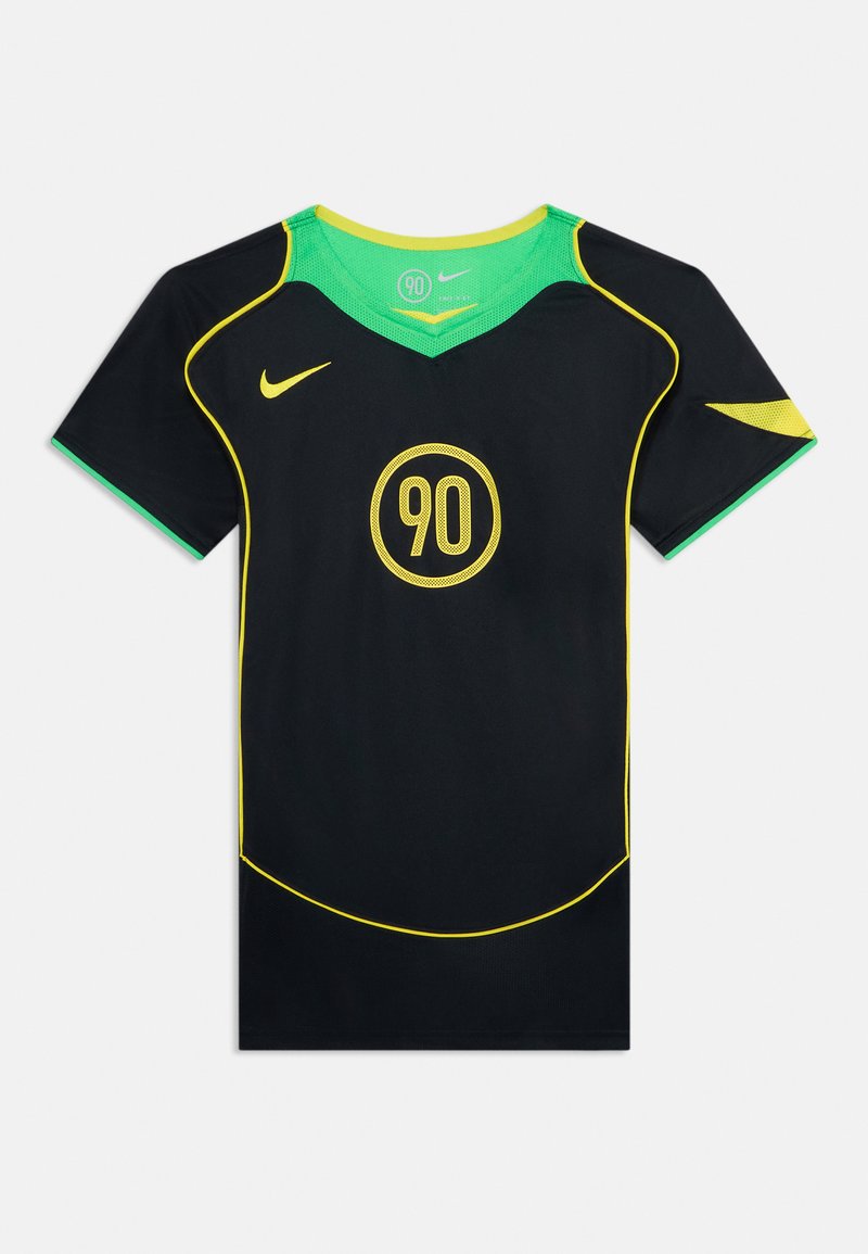 Schwarzes Sportshirt mit grünen Akzenten, gelben Nähten und einem runden "90"-Logo auf der Vorderseite. Hat ein V-Ausschnitt-Design.