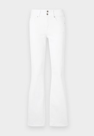Weiße, weit geschnittene Jeans mit hoher Taille, ausgestattet mit zwei vorderen Taschen und einem doppelten Knopfverschluss. Hergestellt aus weichem Denim mit glatter Textur.