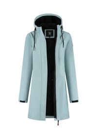Lichtblauwe waterdichte jas met capuchon, voorzien van een zwarte voering, verstelbare trekkoorden en contrasterende manchetten. Voorzien van een ritssluiting aan de voorkant en zijzakken.