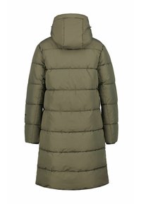 Cappotto puffer verde oliva con cappuccio, caratterizzato da una linea dritta, design a righe orizzontali e maniche lunghe con polsini elasticizzati.
